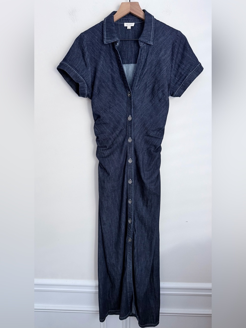 Pilcro Anthropologie Denim Maxi Dress Womens S Dark Wash Ruched Waist Stretch